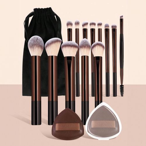 13 brown aluminum tube makeup brushes set + cloth bag + 2 brown triangle brushes
