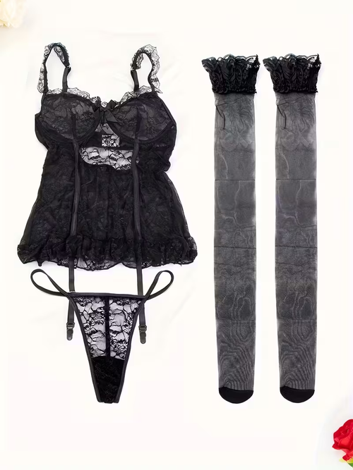 2 Pcs New European and American Style High-end Lace Underwear Set for Women, Sexy Pajamas, Hollowed-out + Sexy Thong + Stockings = 3pcs Set (with Steel Ring)