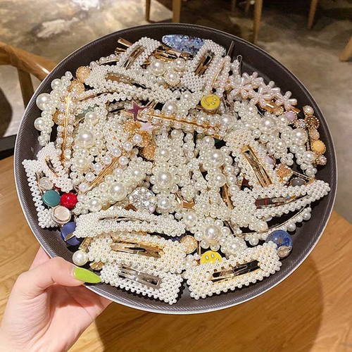 Set of 46 Assorted French-Style Pearl Hairpins for Women, Featuring Cute Korean Designs, Side Bb Clips, And Simple Duckbill Clips Available for Wholesale.