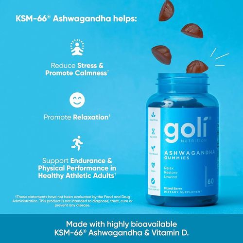 Goli Ashwagandha & Vitamin D Gummy - Mixed Berry, KSM-66, Vegan, Plant Based, Non-GMO, Gluten-Free & Gelatin Free. America's 1 Ashwagandha Brand