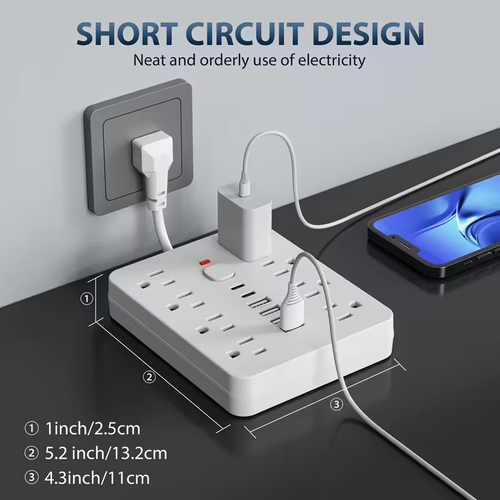 14-in-1 Heavy-Duty Power Strip Surge Protector with 8 AC Outlets, 4 USB-A & 2 USB-C Ports, Smart Switches (On Off) & Indicator, Compact Flat Plug Extension Cord for Home, Office, Kitchen - Overload, Plug