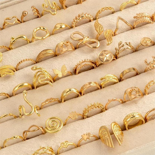 Latest trendy rings. A set of 45 rings: 15 in turquoise, 15 in silver, and 15 in gold. All 45 styles are randomly selected and shipped. Wholesale available.