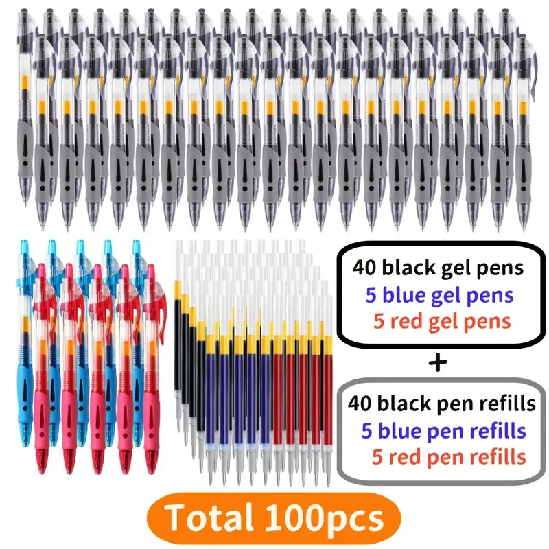 A Set of 100 Retractable Gel Pens with 0.5Mm Black, Blue, And Red Ink, Including 50 Gel Pens And 50 Replacement Refills, Suitable for Writing And Office Use at Home, School, And in The Office.