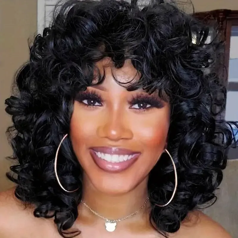 Short Curly Wigs with Bangs Big Curly Hair Wig Bouncy Fluffy Synthetic Afro Kinky Curls Hair Heat Resistant Wigs Cosplay Party Full Wigs for Women