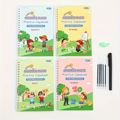 Help children grow 4 Practice Notebooks + 5 Pen Refills + 1 Grip: Magic Practice Writing Book for Beginners, a Tracing Book for Numbers And English, Fun Writing Stickers with Disappearing Ink.