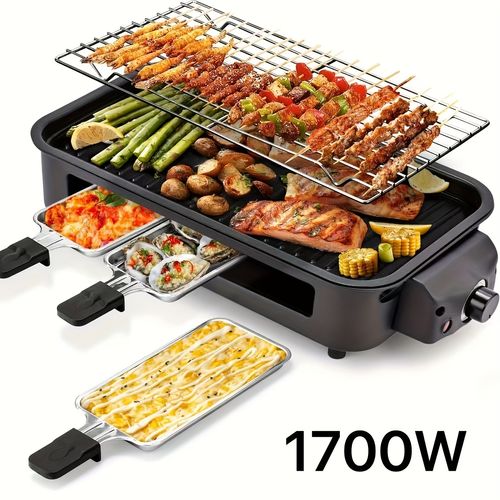 1500W Smokeless Electric Grill with Removable Non-Stick Griddle & Hot Pot - Indoor Portable BBQ Grill with Adjustable Temperature Control,