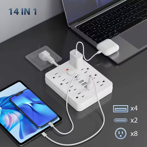 14-in-1 Heavy-Duty Power Strip Surge Protector with 8 AC Outlets, 4 USB-A & 2 USB-C Ports, Smart Switches (On Off) & Indicator, Compact Flat Plug Extension Cord for Home, Office, Kitchen - Overload, Plug