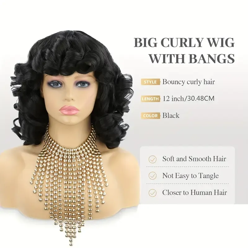 Short Curly Wigs with Bangs Big Curly Hair Wig Bouncy Fluffy Synthetic Afro Kinky Curls Hair Heat Resistant Wigs Cosplay Party Full Wigs for Women