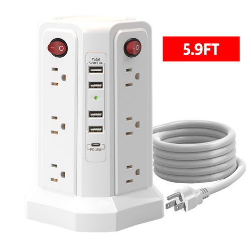 New product: 12-socket AC power strip with flat plugs for USB USB-C ports, surge-protected power strip with 4 USB charging ports, desktop power strip with extension cord, and night light.