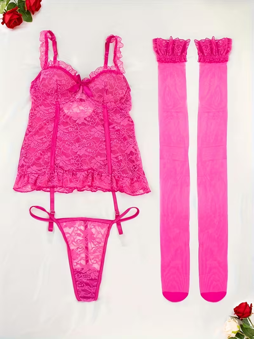 2 Pcs New European and American Style High-end Lace Underwear Set for Women, Sexy Pajamas, Hollowed-out + Sexy Thong + Stockings = 3pcs Set (with Steel Ring)