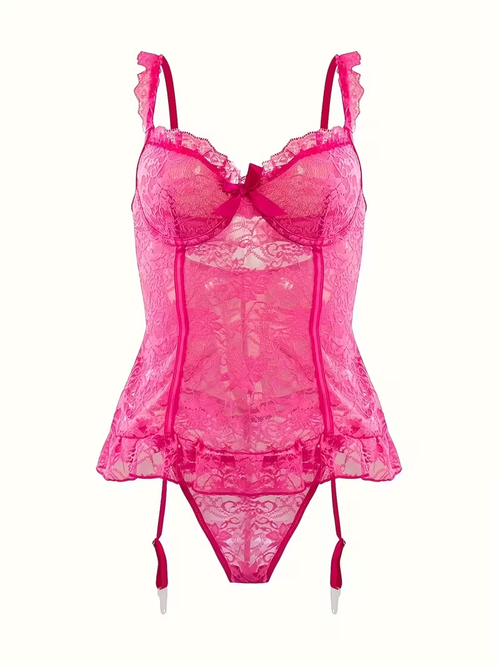 2 Pcs New European and American Style High-end Lace Underwear Set for Women, Sexy Pajamas, Hollowed-out + Sexy Thong + Stockings = 3pcs Set (with Steel Ring)