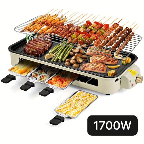 1500W Smokeless Electric Grill with Removable Non-Stick Griddle & Hot Pot - Indoor Portable BBQ Grill with Adjustable Temperature Control,