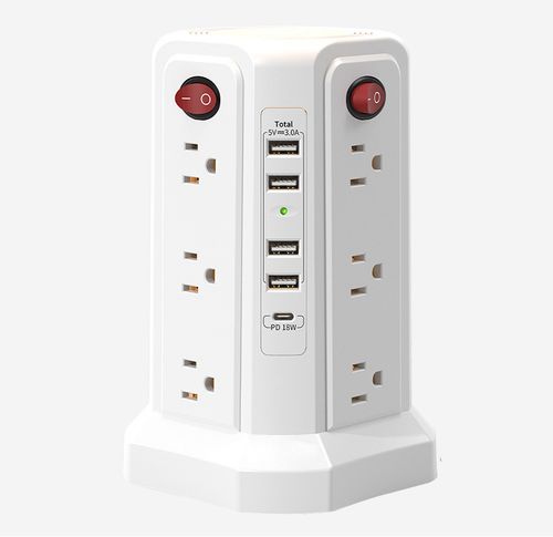 New product: 12-socket AC power strip with flat plugs for USB USB-C ports, surge-protected power strip with 4 USB charging ports, desktop power strip with extension cord, and night light.