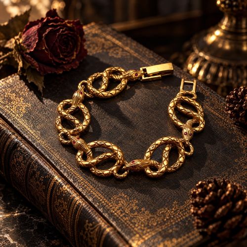Vintage Enamel Snake-Themed 18K Gold Plated Women's Jewelry Set Bracelet & Brooch Antique Western Style Wedding & Party Gift