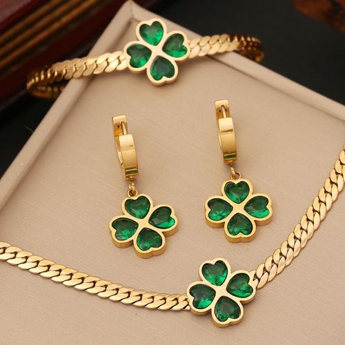 Women Clavicle Stainless Steel Emerald Zircon Four Leaf Clover Love Heart Bracelet Necklace Earrings Jewelry Set