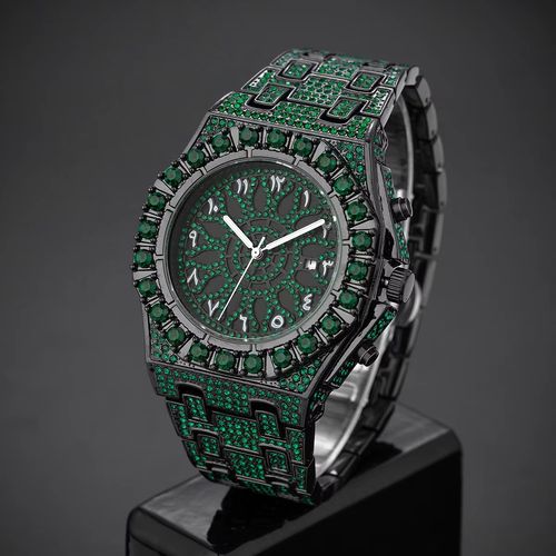 Luxury Luminous Japan Quartz Date Vintage Green Diamond Watch Arabic Number Bling Hip Hop Iced Out Watches Men Wrist