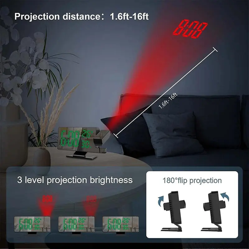 Projector-style alarm clock, multi-functional LED temperature and humidity display screen, intelligent electronic clock, with memory function, bedroom wall clock