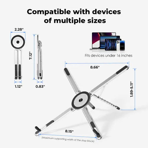 Viozon Portable Laptop Stand for Desk Foldable Adjustable Computer Riser with Magnetic Phone Holder Aluminum Laptop Stand for 10 to 16 Inch Laptops and 4 to 13 Inch Phones Tablets Silver