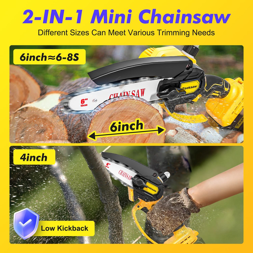 Cordless Brushless Mini 6 Inch Battery Powered Chainsaw, Heavy Duty Kit with Batteries & Blades, Dual Safety Lock, Ergonomic Grip, Lightweight Garden Saw for Tree Trimming Beginners