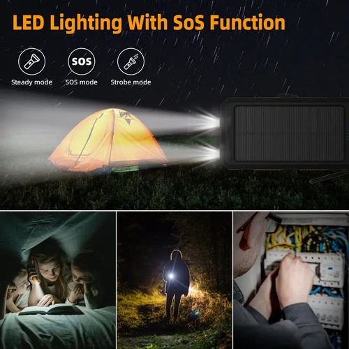 20000mAh Solar Power Bank, Portable Fast Charging External Battery Pack with 4 Built-in Cables & 3 Output Ports, USB-C Outdoor Solar Charger with Dual Flashlights for Camping & Travel