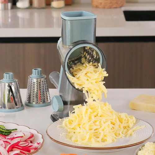 Rotary Cheese Grater, Manual Vegetable Slicer & Shredder with Strong Suction Base, 3 Stainless Steel Blades for Cheese, Carrots and Potatoes, Practical Kitchen Gadget