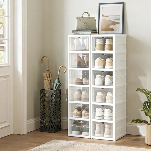 Transparent Foldable Shoe Rack 6 Tier Visible Shoe Organizer Quick Fold Unfold No Space Occupation Easy To Clean Breathable Shoe Cabinet For Entryway