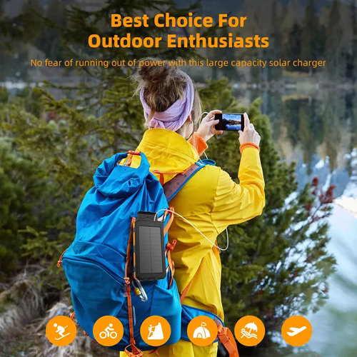 20000mAh Solar Power Bank, Portable Fast Charging External Battery Pack with 4 Built-in Cables & 3 Output Ports, USB-C Outdoor Solar Charger with Dual Flashlights for Camping & Travel