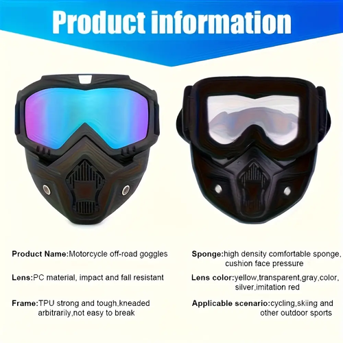 Colored Lens A Full-face Goggle with Anti-fog High-definition Lenses, Detachable and Adjustable Motorcycle Mask