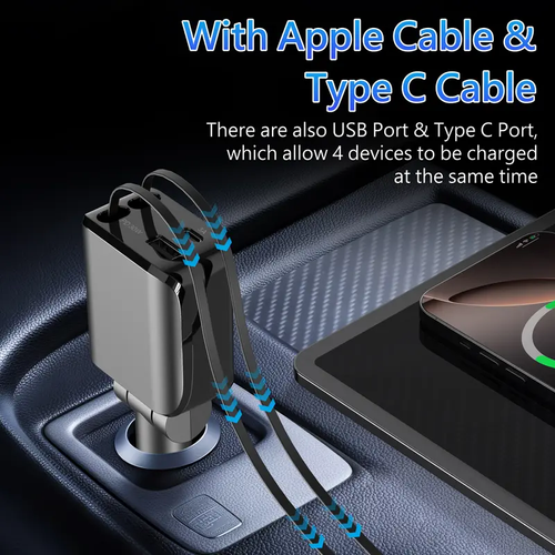 4 in 1 Retractable Car Charger Fast USB C Charging Adapter
