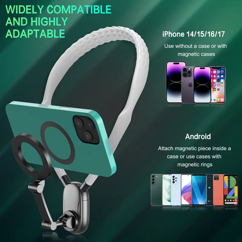 Magnetic Neck Phone Holder, Silicone Steel Hands-Free POV Vlog Chest Mount, Horizontal Shooting Available, Fit iPhone & All Android Smartphones