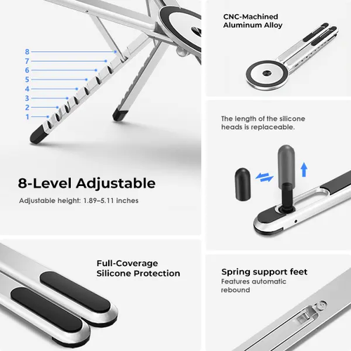 Viozon Portable Laptop Stand for Desk Foldable Adjustable Computer Riser with Magnetic Phone Holder Aluminum Laptop Stand for 10 to 16 Inch Laptops and 4 to 13 Inch Phones Tablets Silver