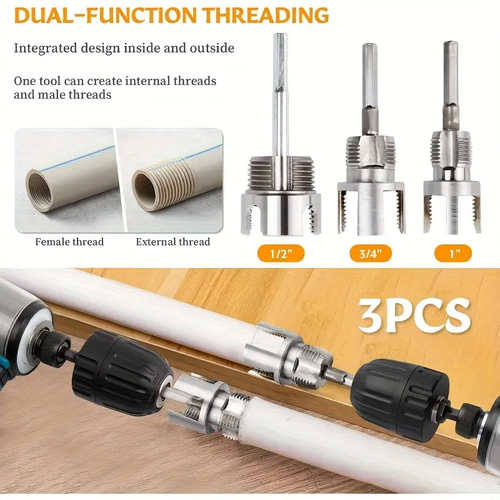 3 Piece Heavy Duty Alloy Pipe Threading Tool Set 1 2 inch 3 4 inch 1 inch Internal External Threads Electric Drill Compatible PVC Plastic Pipe Threader Ideal for DIY and Professional Plumbing Installations Compatible with PVC PPR and MPP Pipes home essentials