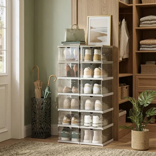 Transparent Foldable Shoe Rack 6 Tier Visible Shoe Organizer Quick Fold Unfold No Space Occupation Easy To Clean Breathable Shoe Cabinet For Entryway