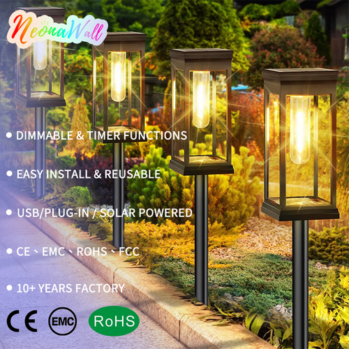 1‑Pack Dimmable Solar Pathway Light With Timer,USB Plug‑in Solar Powered Waterproof Outdoor Garden Yard Landscape Stake Lamp