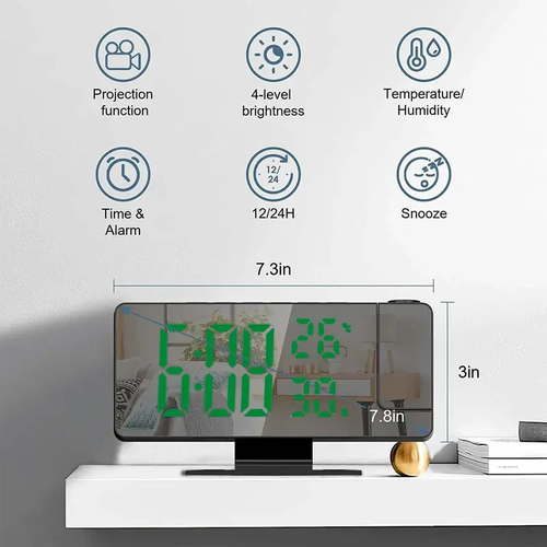 Projector-style alarm clock, multi-functional LED temperature and humidity display screen, intelligent electronic clock, with memory function, bedroom wall clock