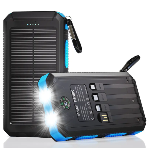 20000mAh Solar Power Bank, Portable Fast Charging External Battery Pack with 4 Built-in Cables & 3 Output Ports, USB-C Outdoor Solar Charger with Dual Flashlights for Camping & Travel