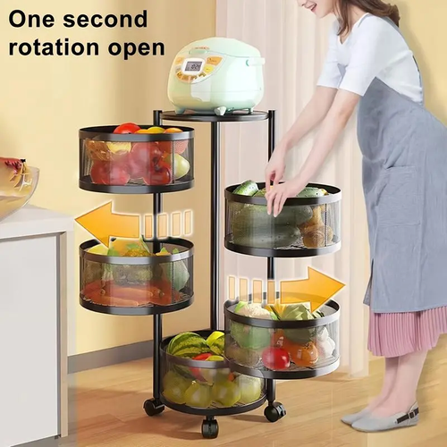 1 Rotatable Multi-Layer Circular Storage Rack, Floor-Standing Rotating Vegetable Basket Organizer, Multi-Layer Rotating Rack for Miscellaneous Items and Fruits, Practical Storage Shelf, Multifunctional Organizer, Metal Basket Rack with Wheels (Black)