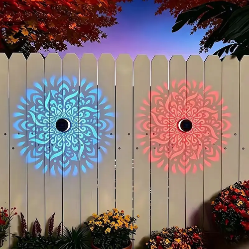 2-Pack Solar Mandala Projector Wall Lights, Waterproof Durable Metal Fence Light, Outdoor Decorative Lights for Garden, Patio, Backyard and Courtyard