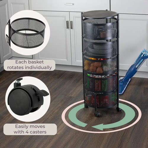 1 Rotatable Multi-Layer Circular Storage Rack, Floor-Standing Rotating Vegetable Basket Organizer, Multi-Layer Rotating Rack for Miscellaneous Items and Fruits, Practical Storage Shelf, Multifunctional Organizer, Metal Basket Rack with Wheels (Black)