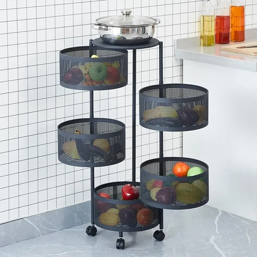 1 Rotatable Multi-Layer Circular Storage Rack, Floor-Standing Rotating Vegetable Basket Organizer, Multi-Layer Rotating Rack for Miscellaneous Items and Fruits, Practical Storage Shelf, Multifunctional Organizer, Metal Basket Rack with Wheels (Black)