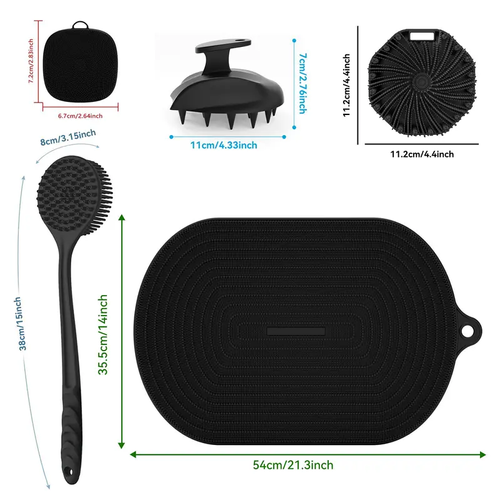 4 In 1 Silicone Bath Brush Set Long Handle Back Scrubber Foot Scrub Massage Shampoo Brush Non Slip Exfoliating Shower Body Care Accessories