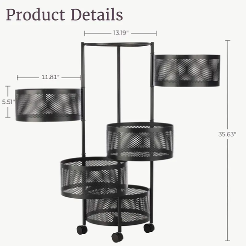 1 Rotatable Multi-Layer Circular Storage Rack, Floor-Standing Rotating Vegetable Basket Organizer, Multi-Layer Rotating Rack for Miscellaneous Items and Fruits, Practical Storage Shelf, Multifunctional Organizer, Metal Basket Rack with Wheels (Black)