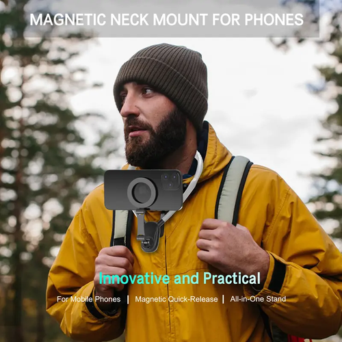 Magnetic Neck Phone Holder, Silicone Steel Hands-Free POV Vlog Chest Mount, Horizontal Shooting Available, Fit iPhone & All Android Smartphones