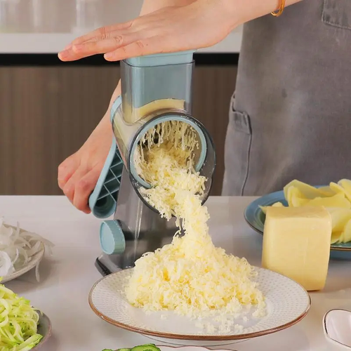 Rotary Cheese Grater, Manual Vegetable Slicer & Shredder with Strong Suction Base, 3 Stainless Steel Blades for Cheese, Carrots and Potatoes, Practical Kitchen Gadget