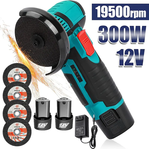 12V Cordless Mini Brushless Angle Grinder Kit with 4 Cutting Blades, 2 pcs 12V 1500mAh Batteries, 19500 RPM Min, for Cutting Grinding Polishing, Electric Heavy Duty Handle Power Tools