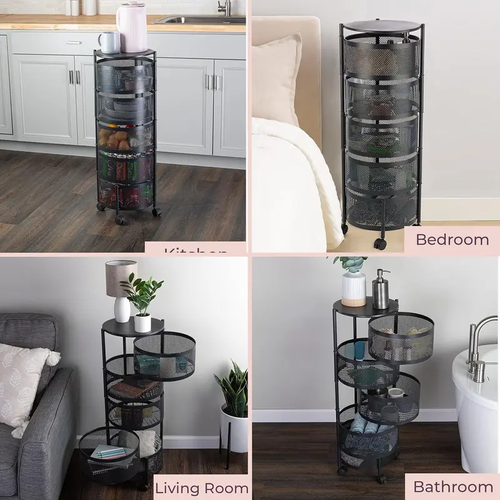 1 Rotatable Multi-Layer Circular Storage Rack, Floor-Standing Rotating Vegetable Basket Organizer, Multi-Layer Rotating Rack for Miscellaneous Items and Fruits, Practical Storage Shelf, Multifunctional Organizer, Metal Basket Rack with Wheels (Black)