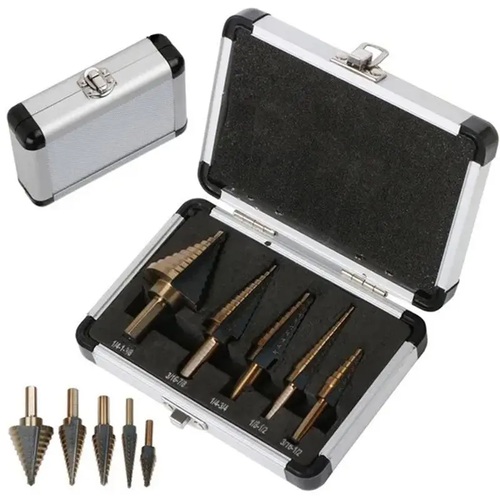 HSS Cobalt Step Drill Bit Set 5 Pieces 50 Sizes with Aluminum Storage Box for Wood Metal Concrete Drilling