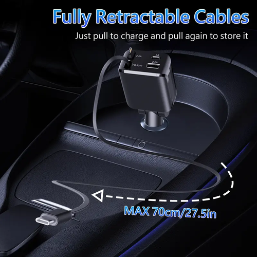 4 in 1 Retractable Car Charger Fast USB C Charging Adapter