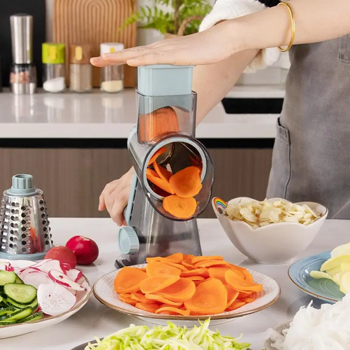 Rotary Cheese Grater, Manual Vegetable Slicer & Shredder with Strong Suction Base, 3 Stainless Steel Blades for Cheese, Carrots and Potatoes, Practical Kitchen Gadget