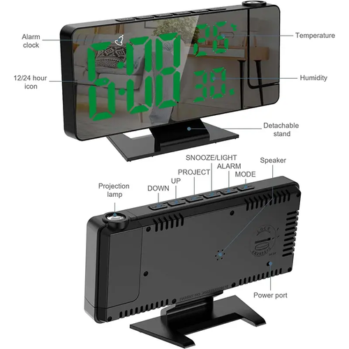 Projector-style alarm clock, multi-functional LED temperature and humidity display screen, intelligent electronic clock, with memory function, bedroom wall clock
